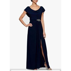 Alex Evenings Navy Blue Beaded Ruched Gown Size 16P Elegant Evening Maxi Dress